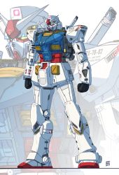 Rule 34 | clenched hands, commentary, english commentary, evn (evnillustrated), gundam, highres, looking ahead, mecha, mobile suit, mobile suit gundam, redesign, robot, rx-78-2, science fiction, solo, standing, v-fin, yellow eyes, zoom layer