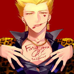 Rule 34 | 10s, 1boy, animal print, bad id, bad pixiv id, blonde hair, earrings, facial mark, fate/extra, fate/extra ccc, fate (series), gilgamesh (fate), hair slicked back, hair up, heart, heart facial mark, jewelry, leopard print, lipstick, makeup, male focus, midriff, momoayamo, official alternate costume, red eyes, solo
