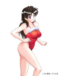 Rule 34 | 1girl, bare legs, black hair, breasts, collarbone, cowboy shot, earrings, futari ecchi, hand on own hip, jewelry, katsu aki, large breasts, long hair, looking at viewer, medium breasts, one-piece swimsuit, onoda yura, purple eyes, simple background, smile, solo, standing, swimsuit, white background