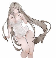 Rule 34 | 1girl, breasts, brown eyes, brown hair, closed mouth, contrapposto, frilled leotard, frills, hand up, highres, large breasts, leotard, long hair, looking at viewer, neko (ganecooo), original, simple background, solo, thigh gap, very long hair, white background, white leotard