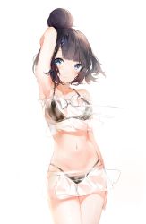 Rule 34 | 1girl, arm at side, arm up, bare arms, bare shoulders, bikini, black bikini, black hair, blue eyes, blush, bow, breasts, collarbone, commentary request, cowboy shot, fate/grand order, fate (series), hair bun, hair ornament, hairclip, highres, katsushika hokusai (fate), looking at viewer, medium breasts, navel, parted lips, pleated skirt, see-through, silver (chenwen), simple background, single hair bun, skirt, solo, strapless, swimsuit, white background, white bow