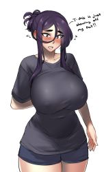 Rule 34 | 1girl, arm behind back, baggy clothes, black shirt, blue shorts, blush, breasts, clothes pull, commentary, curvy, english commentary, hair between eyes, hair up, highres, large breasts, looking down, meme, natsumi (roresu), original, pajamas challenge, parted lips, purple eyes, purple hair, roresu, shirt, shirt pull, short shorts, short sleeves, shorts, sidelocks, solo, standing, t-shirt, thick eyebrows, thighs