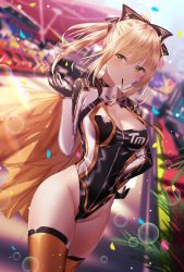Rule 34 | 1girl, absurdres, alternate costume, artoria pendragon (all), artoria pendragon (fate), black ribbon, blonde hair, blue sky, blurry, blurry background, bokeh, breasts, bubble, cape, cleavage, colorful, confetti, day, depth of field, fate/grand order, fate/unlimited codes, fate (series), floating hair, food, full-length zipper, green eyes, groin, hair ribbon, hand on own hip, hand up, highleg, highleg leotard, highres, huge filesize, junpaku karen, leotard, looking at viewer, medium breasts, mouth hold, orange thighhighs, outdoors, plant, pocky, ponytail, race queen, racetrack, racing, rainbow, ribbon, saber (fate), saber (type-moon racing) (fate), saber lily, shrug (clothing), sidelocks, sky, solo, thighhighs, thighs, zipper