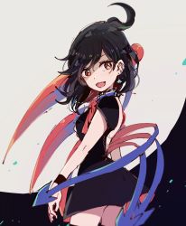 Rule 34 | 1girl, adapted costume, ahoge, asymmetrical wings, back cutout, black background, black dress, black hair, black thighhighs, black wristband, blue wings, clothing cutout, commentary request, cowboy shot, dangle earrings, dress, ear piercing, earrings, fang, highres, houjuu nue, jewelry, looking at viewer, mozukuzu (manukedori), open mouth, piercing, red eyes, red wings, short hair, short sleeves, smile, thighhighs, touhou, ufo, ufo earrings, wings