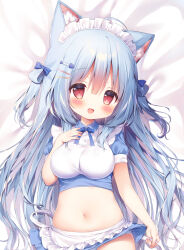 1girl ahoge animal_ear_fluff animal_ears apron blue_bow blue_bowtie blue_hair blue_shirt blue_skirt blush bow bowtie breasts cat_ears commentary_request cowboy_shot dakimakura_(medium) fang female_focus frilled_apron frills hair_bow hair_ornament hairclip hand_on_own_chest highres kobone_(momozu_komamochi) large_breasts loli long_hair lying maid_apron miniskirt momozu_komamochi navel on_back on_bed open_mouth oppai_loli original puffy_short_sleeves puffy_sleeves red_eyes shirt short_sleeves skirt smile solo tareme two_side_up very_long_hair waist_apron white_apron