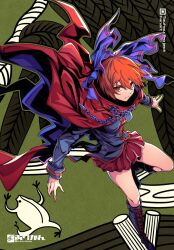 Rule 34 | 1girl, arikanrobo, artist name, black footwear, black shirt, blue bow, boots, bow, cape, closed mouth, cross-laced footwear, hair bow, knee boots, lace-up boots, long sleeves, pleated skirt, red cape, red eyes, red hair, red skirt, sekibanki, sekibanki day, shirt, short hair, skirt, solo, touhou, twitter username