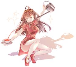 Rule 34 | 1girl, ahoge, bad id, bad pixiv id, bare legs, brown hair, china dress, chinese clothes, closed eyes, cup, double bun, dress, floral print, full body, hair bun, hairband, highres, kantai collection, kongou (kancolle), kukimaru, long hair, plate, pouring, red dress, red footwear, shadow, smile, smug, solo, sparkle, squatting, tea, teacup, tiptoes, white background