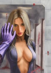 Rule 34 | 1girl, blonde hair, blood, bodysuit, breasts, breasts apart, capcom, center opening, cleavage, female focus, female pov, gloves, green eyes, jill valentine, lips, lipstick, long hair, makeup, mirror, nagumo (qmzp10), no bra, open clothes, open shirt, pov, realistic, reflection, resident evil, resident evil 5, shirt, solo, unzipped, veins, veiny breasts
