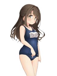 Rule 34 | 1girl, blue one-piece swimsuit, blush, breasts, brown eyes, brown hair, check commentary, collarbone, commentary request, cowboy shot, idolmaster, idolmaster cinderella girls, kuwahara, long hair, looking at viewer, medium breasts, name tag, one-piece swimsuit, school swimsuit, shimamura uzuki, sidelocks, smile, solo, swimsuit, thighs, white background