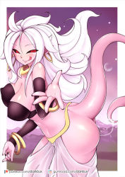 Rule 34 | android 21, black sclera, colored sclera, colored skin, darklux, dragon ball, dragon ball fighterz, earrings, jewelry, majin android 21, nail polish, pink skin, pussy juice, red eyes, solo, tail, white hair