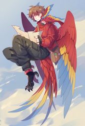 Rule 34 | 1boy, 1other, animal, animal on shoulder, animification, bag, bird, bird on shoulder, bird tail, bird wings, brown eyes, brown hair, commentary, dark shime, english commentary, fingerless gloves, gloves, grian (youtuber), head wings, hermitcraft, highres, holding, holding map, macaw, male focus, map, messenger bag, pants, parrot, short hair, shoulder bag, sky, solo focus, sweater, tail, talons, wings