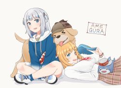 Rule 34 | &gt; &lt;, 2girls, animal hood, blonde hair, bloop (gawr gura), blue eyes, blue hair, blue hoodie, blush, breasts, brown skirt, bubba (watson amelia), character name, collared shirt, commentary, cross-laced footwear, crossed legs, dog, dress shirt, english commentary, fangs, fins, fish tail, flat chest, gawr gura, gawr gura (1st costume), grey background, hair ornament, highres, hololive, hololive english, hood, hoodie, indian style, inuzuka nr, long hair, long sleeves, looking at another, lying, lying on person, medium breasts, multicolored hair, multiple girls, necktie, on back, open mouth, plaid, plaid skirt, red neckwear, shark hair ornament, shark hood, shark tail, sharp teeth, shirt, shoes, short hair, short twintails, silver hair, simple background, sitting, skirt, smile, streaked hair, tail, teeth, twintails, two-tone hair, virtual youtuber, watson amelia, watson amelia (1st costume), white footwear, white shirt