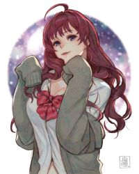 Rule 34 | 1girl, ahoge, blouse, blue eyes, bow, bowtie, breasts, brown hair, cleavage, commentary request, earrings, gamerag, ichinose shiki, idolmaster, idolmaster cinderella girls, jewelry, large breasts, lips, long hair, looking at viewer, parted lips, red bow, red bowtie, shirt, signature, smile, solo, wavy hair, white shirt