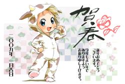 Rule 34 | 00s, 2009, androgynous, animal costume, blue eyes, blush, child, chinese zodiac, gender request, jkt (sheltem), looking at viewer, new year, open mouth, ox (chinese zodiac), smile, solo, white background