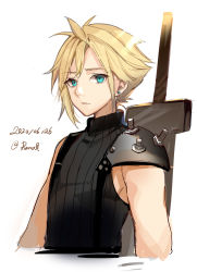 Rule 34 | 1boy, aqua eyes, black shirt, blonde hair, buster sword, cloud strife, cropped torso, dated, earrings, final fantasy, final fantasy vii, highres, jewelry, looking at viewer, male focus, rero (bigdoorbig2), ribbed shirt, shirt, simple background, sleeveless, sleeveless shirt, solo, stud earrings, sword, twitter username, upper body, weapon, weapon on back, white background
