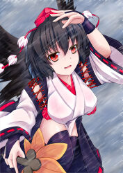 Rule 34 | 1girl, bird wings, black gloves, black hair, black thighhighs, black wings, breasts, detached sleeves, feathered wings, fingerless gloves, gloves, hat, hauchiwa, japanese clothes, kimono, kourindou tengu costume, large breasts, long sleeves, parted lips, pom pom (clothes), rain, red eyes, red hat, red ribbon, ribbon, ribbon-trimmed sleeves, ribbon trim, shameimaru aya, short hair, tetsuhige, thighhighs, tokin hat, touhou, white kimono, white sleeves, wide sleeves, wings