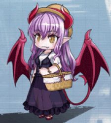 Rule 34 | 1girl, animated, animated gif, bare legs, bat wings, breasts, casual, chibi, demon girl, dress, eating, fang, food, full body, happy, hat, heart, holding, holding food, lilim (taimanin asagi battle arena), lilith-soft, long hair, looking at viewer, looking to the side, lowres, miniskirt, pointy ears, shiny skin, skirt, smile, solo, tail, taimanin (series), taimanin asagi, taimanin rpgx, thighs, transparent, wings