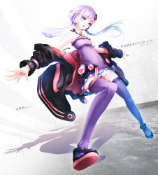 Rule 34 | 1girl, ajigo, bare shoulders, blue eyes, earpiece, highres, jacket, looking at viewer, off shoulder, open mouth, purple hair, purple thighhighs, short hair with long locks, sleeveless, solo, thighhighs, vocaloid, voiceroid, yuzuki yukari