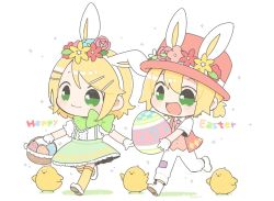 Rule 34 | 1boy, 1girl, :3, :d, animal ears, basket, bass clef, beamed eighth notes, bird, blonde hair, boater hat, bow, bowtie, brother and sister, rabbit ears, chibi, chick, commentary, easter, easter egg, egg, eighth note, flower, food, full body, gloves, green eyes, hair flower, hair ornament, hairclip, happy easter, hat, headband, holding, holding basket, holding egg, holding food, kagamine len, kagamine rin, musical note, najo, necktie, open mouth, pants, ponytail, short hair, siblings, skirt, smile, suspender skirt, suspenders, symbol-only commentary, twins, vest, vocaloid, walking, white gloves