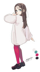 Rule 34 | 1girl, black hair, color guide, dated, eyelashes, full body, jacket, long hair, looking at viewer, maze (gochama ze gohan), open mouth, original, pantyhose, purple pantyhose, shoes, signature, simple background, sketch, solo, standing, turning head, white background, white jacket