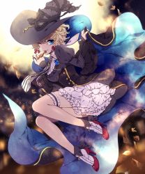 Rule 34 | 1girl, bad id, bad pixiv id, black dress, blonde hair, blue eyes, candy, cape, clothes lift, curly hair, dress, dress lift, food, garter straps, halloween, hat, high heels, kai28, bridal garter, one eye closed, pixiv witch craft school, short hair, smile, solo, wavy hair, witch hat