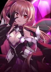 Rule 34 | 1girl, armor, armored dress, black gloves, breasts, cleavage cutout, clothing cutout, commentary request, dress, endori, gloves, hair ribbon, hand on own face, highres, iris (nanoha), long hair, looking at viewer, lyrical nanoha, mahou shoujo lyrical nanoha detonation, medium breasts, open mouth, pink hair, red dress, red eyes, red ribbon, ribbon, shoulder cutout, side ponytail, solo, standing