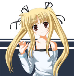 Rule 34 | 00s, 1girl, bare shoulders, black bra, blonde hair, blush, bra, closed mouth, fate testarossa, long hair, looking at viewer, lyrical nanoha, mahou shoujo lyrical nanoha, odaya, odayan, off-shoulder, off-shoulder sweater, red eyes, sidelocks, smile, solo, sweater, twintails, two-tone background, underwear, upper body