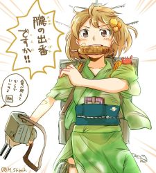 Rule 34 | 10s, 1girl, anchor, animal, animal on shoulder, bandaid, bandaid on arm, bandaid on face, blush, brown eyes, commentary request, corn, corn cob, crab, crab on shoulder, crustacean, fangs, food, food in mouth, green kimono, hair ornament, holding, holding weapon, japanese clothes, kantai collection, kimono, light brown hair, machinery, mouth hold, oboro (kancolle), pet, shakeda mamoshirou, short hair, simple background, sleeves pushed up, sleeves rolled up, solo, translation request, turret, twitter username, weapon, yukata