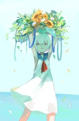 Rule 34 | 1girl, absurdres, arms up, blue sailor collar, dress, closed eyes, feet out of frame, flower, highres, holding, holding flower, leaf, natsu-no-kamisama, original, parted lips, petals, red neckwear, sailor collar, shadow, short hair, sleeveless, sleeveless dress, smile, solo, white dress, white flower, white hair, yellow flower