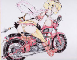 Rule 34 | 1girl, adapted costume, ass, bare shoulders, bent over, bishamonten&#039;s pagoda, blonde hair, blush, boots, breast rest, breasts, colorized, curvy, detached sleeves, female focus, goggles, goggles on head, knee boots, large breasts, looking back, motor vehicle, motorcycle, okiraku nikku, panties, polearm, revealing clothes, shawl, shikishi, solo, spear, thighhighs, toramaru shou, touhou, traditional media, underboob, underwear, vehicle, weapon, yellow eyes, yellow panties, yellow thighhighs