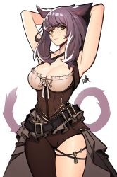Rule 34 | 1girl, absurdres, animal ears, arms up, asymmetrical clothes, warrior of light (ff14), black hair, breasts, cat ears, cat tail, cleavage, distr, facial mark, final fantasy, final fantasy xiv, green eyes, highres, long hair, looking at viewer, medium breasts, miqo&#039;te, scoop neck, single pantsleg, sleeveless, solo, tail, whisker markings, white background