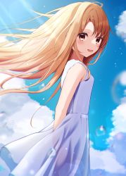 Rule 34 | 1girl, absurdres, bare shoulders, blonde hair, blush, bubble, cloud, day, dress, fate/kaleid liner prisma illya, fate (series), highres, illyasviel von einzbern, long hair, looking at viewer, mattsi hbkk, open mouth, red eyes, sky, smile, solo, standing, white dress