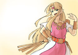 Rule 34 | 1girl, armor, artist request, belt, belted dress, blonde hair, blue eyes, bracelet, cape, collarbone, diadem, dress, earrings, female focus, gradient background, hand on own hip, hand up, jewelry, long dress, long hair, looking at viewer, neck, necklace, nintendo, open mouth, pointy ears, princess zelda, short-sleeved dress, short sleeves, shoulder armor, simple background, smug, standing, the legend of zelda, the legend of zelda: a link between worlds, tiara, triforce, triforce earrings, tunic, white cape, white dress, white tunic