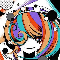 Rule 34 | 1girl, abstract, circle, colorful, commentary, glaze artifacts, hair over one eye, halftone, long hair, looking at viewer, machigami yoh, multicolored eyes, multicolored hair, one eye covered, original, parted lips, portrait, smile, solo, straight-on