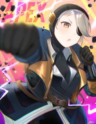 Rule 34 | 1girl, :o, animification, apex legends, black gloves, black headwear, black jacket, black sweater, clenched hands, deep current wattson, electricity, eyepatch, gloves, grey hair, highres, jacket, motion blur, official alternate costume, one eye covered, open mouth, peso (honopesopeso), punching, solo, sweater, wattson (apex legends), yellow eyes