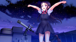 Rule 34 | 10s, 1girl, :d, black hair, black socks, blouse, bow, bowtie, charlotte (anime), dress, hair ornament, hairclip, highres, jumping, kneehighs, long hair, mutsuki (moonknives), night, night sky, open mouth, otosaka ayumi, outdoors, outstretched arms, pinafore dress, purple eyes, red bow, red bowtie, school uniform, shirt, sky, sleeveless dress, smile, socks, solo, spread arms, star (sky), starry sky, telescope, white shirt