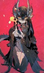 Rule 34 | 1girl, animal ears, beckoning, black nails, breasts, closed mouth, colored skin, dragon girl, dragon horns, dragon tail, dragon wings, fingernails, fire, grey skin, hand up, highres, horns, idkuroi, kneeling, looking at viewer, medium breasts, multicolored skin, multiple horns, nail polish, orange eyes, original, pointy ears, red background, scales, sharp fingernails, simple background, slit pupils, smile, solo, tail, wings