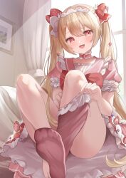 Rule 34 | 1girl, blonde hair, bow, commentary, commission, feet, food-themed hair ornament, foot focus, frilled sailor collar, frills, hair ornament, highres, ichigono parfait, indie virtual youtuber, kurage cc, long hair, no shoes, open mouth, pink eyes, pink sailor collar, pink sock, rabbit hair ornament, red bow, sailor collar, single sock, skeb commission, smile, socks, solo, strawberry hair ornament, symbol-only commentary, twintails, very long hair, virtual youtuber