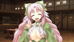 Rule 34 | 1girl, ^ ^, atelier-moo, braid, breasts, cleavage, closed eyes, closed mouth, curtained hair, dress, happy, highres, large breasts, long hair, long sleeves, looking at viewer, narrow waist, nina lazydaisy, open mouth, pink hair, ribbon, smile, solo, standing, tavern, twin braids, upper body, very long hair, wizards symphony