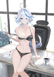 Rule 34 | 1girl, ahoge, alternate costume, areola slip, bare shoulders, black bra, black panties, blue eyes, blue hair, bra, bra pull, breasts, chair, clothes pull, coffee mug, cup, curtains, da (datako), desk, dress, furina (genshin impact), genshin impact, highres, indoors, letter, looking at viewer, medium breasts, mug, navel, office chair, on desk, panties, plant, potted plant, pulling, signature, sitting, on desk, sitting on table, smile, solo, stomach, swivel chair, table, thighs, underwear, water drop, window