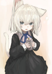 Rule 34 | 1girl, absurdres, animal ears, black dress, blonde hair, blue bow, blue bowtie, blue eyes, bow, bowtie, can, cat ears, cat girl, cat tail, character request, copyright request, crossed bangs, dress, hair between eyes, highres, holding, holding can, looking at viewer, open mouth, orange background, piennamekuzi, short hair, sketch, solo, tail