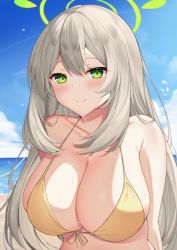 Rule 34 | 1girl, absurdres, bare shoulders, bikini, blue archive, breasts, cleavage, closed mouth, collarbone, day, front-tie bikini top, front-tie top, green eyes, grey hair, halo, halterneck, highres, kurigura (sketch san), large breasts, long hair, looking at viewer, nonomi (blue archive), nonomi (swimsuit) (blue archive), outdoors, smile, solo, string bikini, swimsuit, upper body, wet, yellow bikini