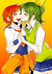 Rule 34 | 10s, 2girls, :d, blush, closed eyes, clothes around waist, couple, green hair, green necktie, green sweater vest, hair ornament, hairclip, hand on own hip, hino akane (smile precure!), hip focus, holding hands, imminent kiss, interlocked fingers, midorikawa nao, multiple girls, necktie, open mouth, precure, red hair, school uniform, short hair, sleeves rolled up, smile, smile precure!, sweater, sweater around waist, sweater vest, tima, yuri