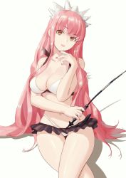 Rule 34 | 1girl, absurdres, bad id, bad pixiv id, bikini, breasts, brown eyes, cbmus, cleavage, cropped legs, fate (series), fingernails, highres, holding, lipstick, long hair, looking at viewer, makeup, medb (fate), medb (swimsuit saber) (fate), medb (swimsuit saber) (second ascension) (fate), medium breasts, nail polish, parted lips, pink hair, pink lips, pink nails, riding crop, shadow, simple background, sitting, smile, solo, swimsuit, thigh gap, thighs, tiara, white background, white bikini