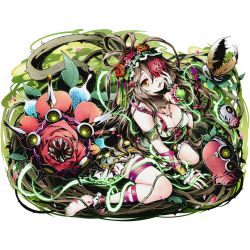 Rule 34 | 10s, 1girl, bare shoulders, breasts, brown hair, cleavage, divine gate, dress, floating hair, flower, full body, green nails, hair between eyes, hair flower, hair ornament, ibara (divine gate), large breasts, long hair, nail polish, official art, open mouth, orange flower, purple ribbon, red flower, ribbon, solo, toenail polish, toenails, transparent background, ucmm, wrist cuffs, yellow eyes