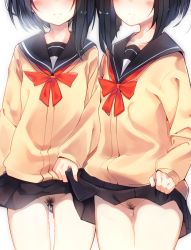 Rule 34 | 2girls, black hair, black skirt, blush, cardigan, close-up, clothes lift, female pubic hair, gluteal fold, head out of frame, highres, lifted by self, long sleeves, looking at viewer, multiple girls, neckerchief, no panties, original, otokuyou, pleated skirt, pubic hair, pussy, pussy juice, school uniform, serafuku, short hair, short hair with long locks, simple background, skirt, skirt lift, thigh gap, white background