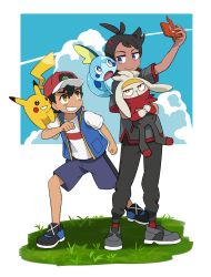 Rule 34 | 2boys, antenna hair, ash ketchum, baseball cap, black footwear, black hair, black pants, blue eyes, blue footwear, blue vest, brown eyes, clenched hands, cloud, cloudy sky, creatures (company), dark skin, day, eye contact, full body, game freak, gen 1 pokemon, gen 4 pokemon, gen 8 pokemon, goh (pokemon), grass, grey shirt, grin, hand up, hat, highres, holding, holding phone, holding pokemon, looking at another, multiple boys, nintendo, on shoulder, outdoors, pants, phone, pikachu, pokemon, pokemon (anime), pokemon (creature), pokemon on shoulder, pokemon journeys, raboot, red headwear, rotom, rotom phone, shirt, shoes, short hair, short sleeves, shorts, sky, smile, sobble, standing, taking picture, vest, white shirt