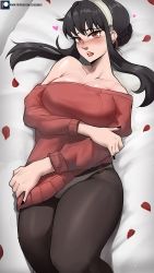 Rule 34 | 1girl, absurdres, bare shoulders, black dress, black hair, black nails, black pantyhose, blush, breasts, dress, echo saber, hairband, highres, large breasts, long hair, long sleeves, looking at viewer, nail polish, panties, panties under pantyhose, pantyhose, red eyes, red sweater, solo, spy x family, sweater, sweater dress, underwear, yor briar