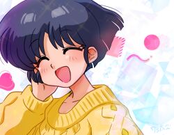 Rule 34 | 1girl, :d, abstract background, black hair, blush, bob cut, hand in own hair, happy, open mouth, ranma 1/2, signature, smile, sparkle, sweater, tendou akane, wanta (futoshi), yellow sweater