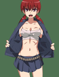 Rule 34 | 1girl, :d, breasts, cleavage, green background, li@ (rikku04), midriff, musujime awaki, navel, open clothes, open mouth, red eyes, red hair, sarashi, skirt, smile, solo, toaru majutsu no index, twintails